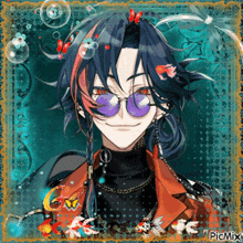 a picture of a anime character with purple glasses and red eyes is displayed on a picmix page