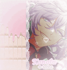 a picture of kanata de karina with purple hair and green eyes