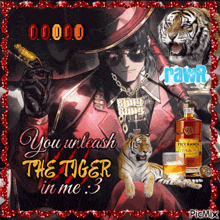 a man with a bling bling necklace is holding a bottle of whiskey