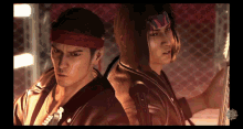 two men are standing next to each other with one wearing a red headband