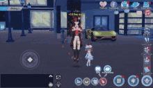 a screenshot of a video game shows a girl and a boy standing in front of a car