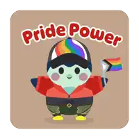 a cartoon character is wearing a rainbow hat and holding a rainbow flag and says pride power