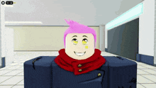 a video game character with pink hair and yellow eyes is smiling