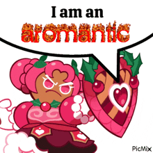 a cookie with a shield and a speech bubble that says " i am an aromatic "