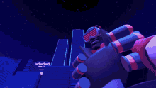 a cartoon drawing of a robot holding a gun in front of a city skyline
