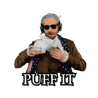 a sticker of a man holding a piece of paper that says puff it on it