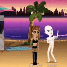 a man and a woman are standing on a beach next to each other .