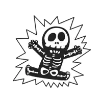 a black and white drawing of a skeleton with a lightning bolt around it