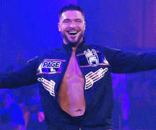 a man wearing a black jacket that says page on it