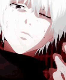 a close up of a person 's face with white hair and a black shirt .