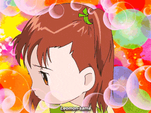 a little girl with a green bow in her hair is surrounded by colorful bubbles and says leomon-sama
