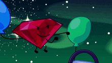 a cartoon drawing of a red diamond with arms and legs standing next to a green balloon