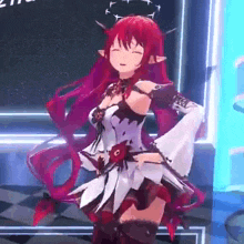 a 3d anime girl with red hair is dancing in a video game .