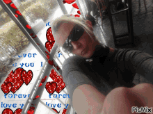a woman taking a selfie with hearts and the words forever love