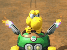 a yellow cartoon character is sitting on a green item with a mushroom on it