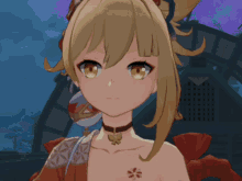 a close up of a girl 's face with a butterfly necklace around her neck