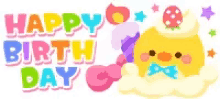 a happy birthday greeting card with a yellow chicken on top of a birthday cake .