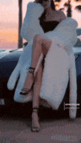 a woman in a fur coat is sitting next to a car .