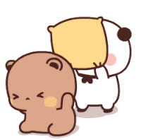 two cartoon bears are standing next to each other on a white background . one bear is holding a yellow pillow .