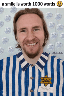 a man wearing a blue and white striped shirt has a yellow star on his chest that says jude 21434