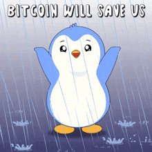 a penguin is standing in the rain with the words bitcoin will save us above it