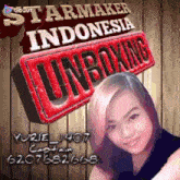 a woman stands in front of a sign that says starmaker indonesia