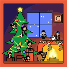 a cartoon drawing of a christmas scene with a christmas tree and stockings