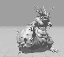 a 3d model of a monster with horns and a large belly is standing on a tiled floor .