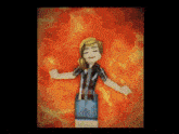 a girl in a plaid shirt stands in front of a fire background