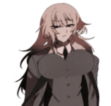 a girl with long hair is wearing a suit and tie and has a very large breast