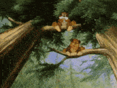 a cartoon drawing of two bears sitting on a tree branch