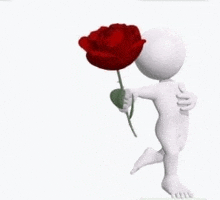 a 3d man is holding a red rose in his hand and running .