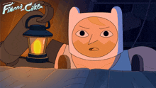 a poster for finna and cake shows a cartoon character with a lantern