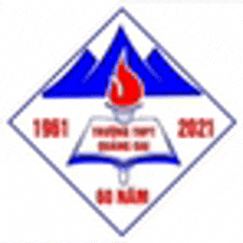 a logo for a school with a torch , a book , and mountains in the background .