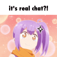 a picture of a girl with purple hair and the words it 's real chat below her