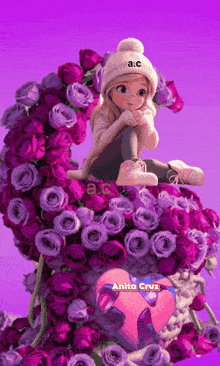 a picture of a girl sitting on a heart surrounded by purple roses
