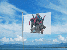 a flag with a picture of a robot on it flies in the wind
