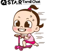 a cartoon of a little girl riding a scooter with a star tamil chat logo in the background