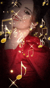 a woman in a red dress is surrounded by golden music notes