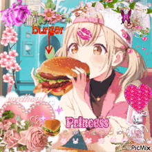 a picture of a girl eating a hamburger with the word princess on the bottom right