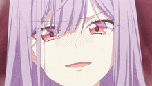 a close up of a girl with purple hair