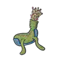 a drawing of a green monster with a crown on top