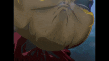 a close up of a cartoon character 's face with a red background