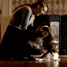 a woman is petting a dog in front of a fireplace screen