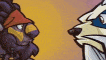 two cartoon characters , a lion and a raccoon , are looking at each other .
