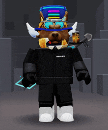a cartoon character wearing a black jacket with roblox on it