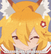 a close up of a fox anime character with a flower in her hair and the words grrrr
