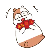 a cartoon hamster is holding a bunch of red envelopes with chinese symbols on them