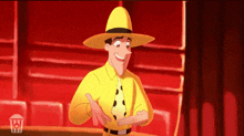 a cartoon character wearing a yellow hat and tie is smiling