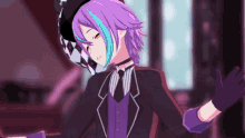 a purple haired anime character wearing a purple suit and hat